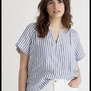 J.Crew Flutter-Sleeve Linen V-Neck Blouse Blue White Stripe Size S EUC
